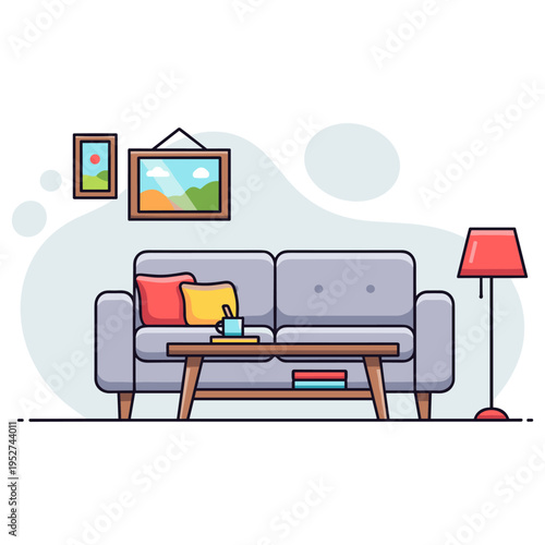 Living room sofa with cushions and coffee table setting. non editable strokes