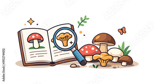 Guided mushroom identification with a small field guide book open beside several different mushroom caps collected on the forest floor. The scene represents