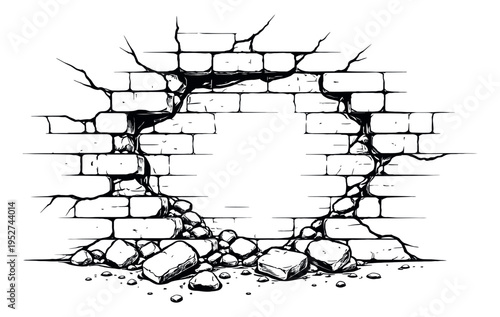 Hand drawn line art illustration of a broken brick wall depicting a hole with falling bricks for architectural design