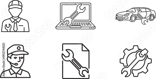 A collection of black and white line art icons representing technical support and maintenance work