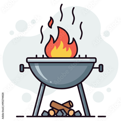 Barbecue grill with flames burning over wood in outdoor setting. non editable strokes