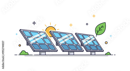 Solar panel farm rows of angled solar panels reflecting sunlight with a small leaf icon integrated nearby, symbolizing eco friendly energy harvesting. A