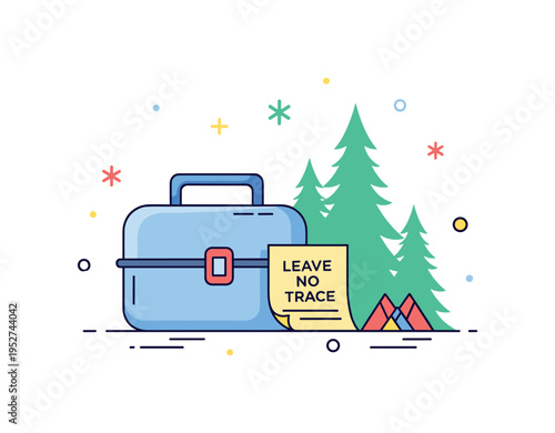 Eco friendly travel habits A compact scene of a closed lunchbox with a small Leave No Trace note placed near a forest silhouette, expressing mindful outdoor
