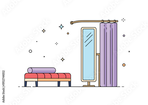 Luxury fitting room concept featuring a cushioned bench, tall mirror and elegant curtain backdrop. Subtle sparkle accents and balanced spacing communicate