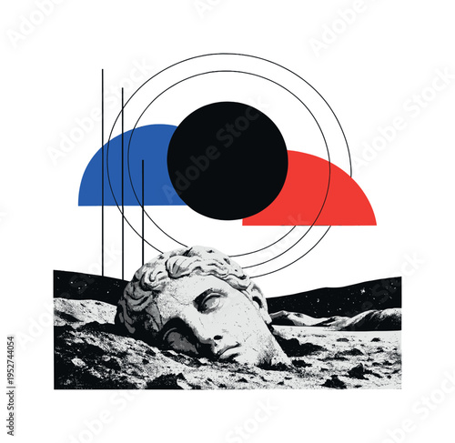black and white vintage moon landscape with a classical statue head half buried in abstract terrain, geometric circles and vertical lines forming a symbolic