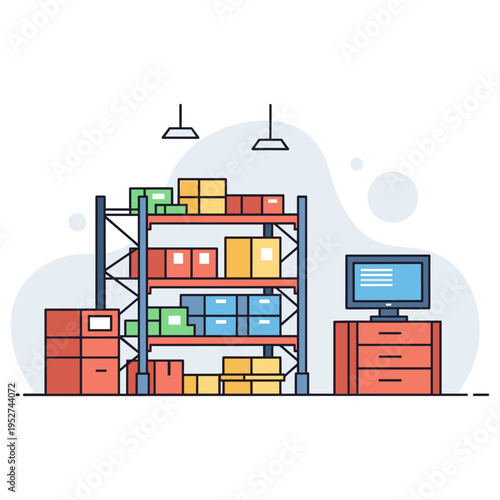 Storage shelving stocked with boxes and computer terminal. non editable strokes
