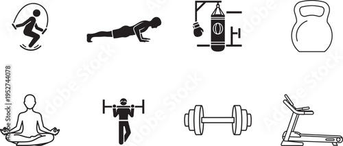 A collection of black and white vector icons representing various physical fitness and gym activities
