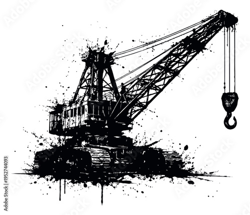 Grunge ink splatter style illustration of a crawler crane depicting heavy lifting for construction projects