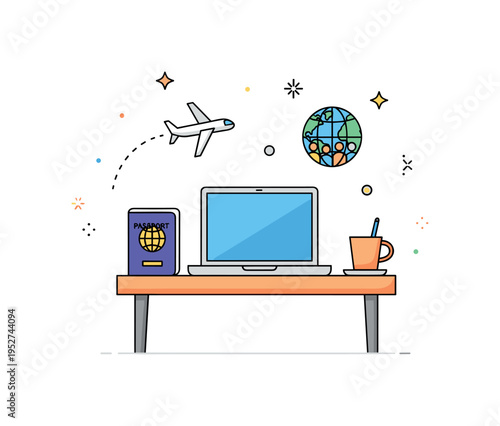 Digital nomad workspace setup showing a compact desk with laptop, passport, and subtle airplane icon nearby, symbolizing travel friendly career and global