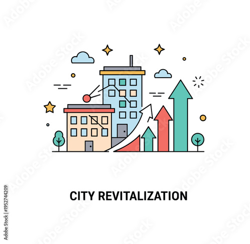 Urban renewal project illustrated by a renovated building icon paired with a rising arrow symbol. Clean geometry and a subtle ?City Revitalization? caption