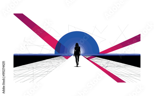Black and white abstract fashion runway in virtual space with influencer silhouette walking forward, oversized electric blue semicircle at horizon, magenta red