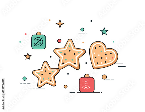 Holiday sugar cookies star shaped and heart shaped cookies decorated with simple icing lines. A festive editorial illustration expressing celebration and