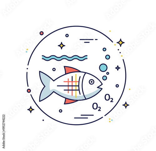 Fish breathing underwater illustrated by a simple fish profile with highlighted gill lines and small oxygen bubbles flowing toward them, expressing the natural
