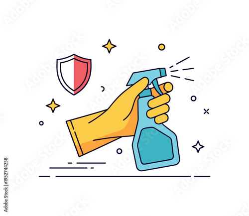 Using protective gloves while handling cleaning hygiene products illustrated by a gloved hand holding a spray bottle. A subtle shield symbol and minimal motion