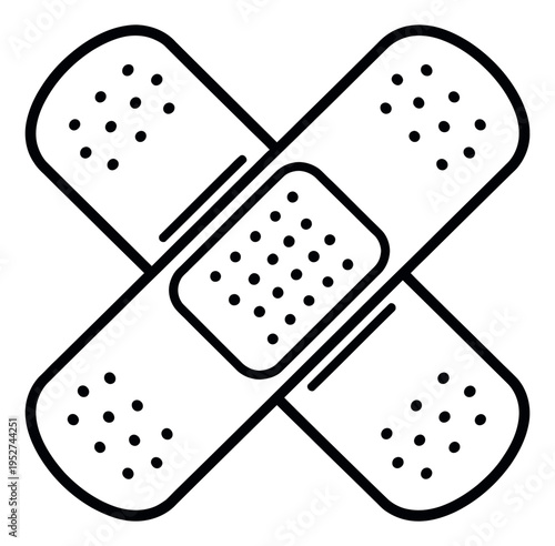 Line art illustration of two crossed adhesive bandages depicting first aid for minor injuries