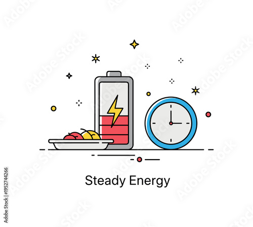 Intermittent fasting energy management concept with a battery icon partially filled next to a small plate and clock, expressing controlled intake and sustained