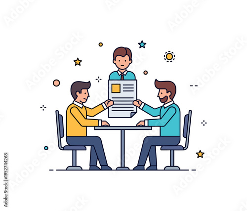 Workplace conflict solution colleagues seated at a small table with a shared document between them, expressing cooperation and practical problem solving. A