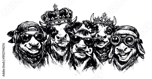 Hand drawn line art cow portraits set featuring royal and cool cows for humorous apparel design