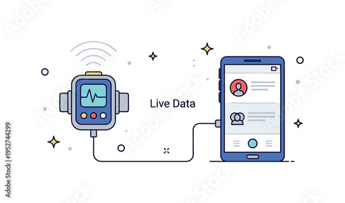 Remote patient monitoring platform showing a wearable device connected wirelessly to a mobile app interface. Subtle signal lines and a gentle ?Live Data?