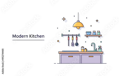 Interior kitchen design idea showing a compact counter with hanging utensils and a single pendant lamp overhead, symbolizing everyday creativity and domestic