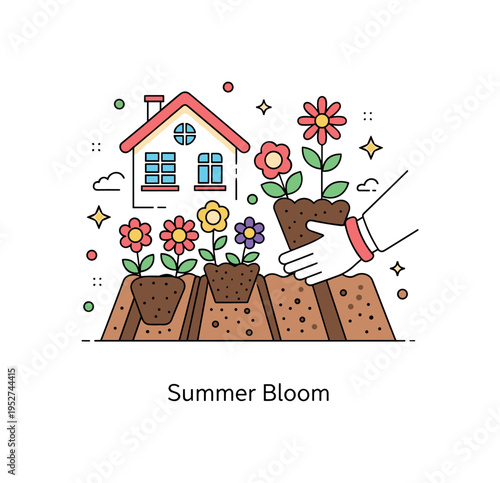 Cottage flower planting moment showcasing a small house with window details and bright flowers being placed into soil rows, expressing harmony between home and