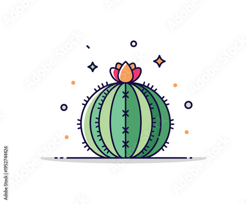 Blooming cactus illustration centered on a rounded cactus with a small bright flower on top and soft sparkle accents, symbolizing unexpected beauty and growth