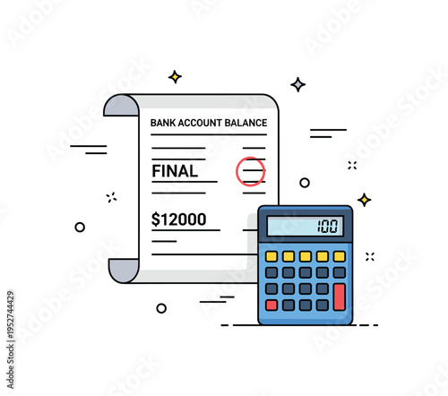 Checking account balance illustration showing a bank statement page with a circled final amount and a compact calculator beside it, expressing analysis and
