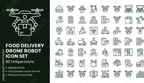 Food delivery drone robot line icon set with autonomous courier drones smart logistics and restaurant service symbols