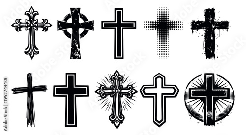 Religious cross symbol set featuring diverse styles and textures for christianity, faith, and design projects