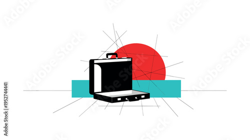 Black and white briefcase placed on the floor slightly open, bold red semicircle behind like fading sun, turquoise rectangular block grounding the base,