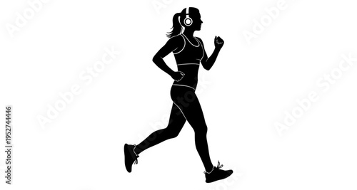 Woman Silhouette Running with Headphones Athletic Wear Fitness Activity Outdoor Exercise