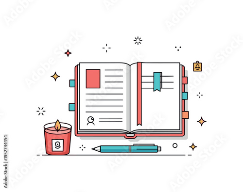 Creative journaling session in a relaxed afternoon setting represented by an open notebook, pen and a small candle flickering beside it, expressing reflection