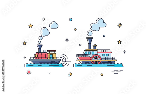 Steam-powered vehicles with a small steamboat on calm water, emitting soft plumes of steam, illustrating early river transportation and industrial era charm.