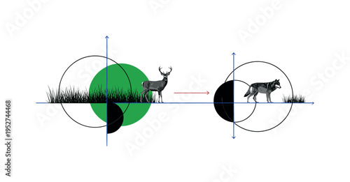 Black and white meadow ecosystem with grass, deer, and wolf aligned horizontally, bold green circle highlighting primary production zone, thin blue linear