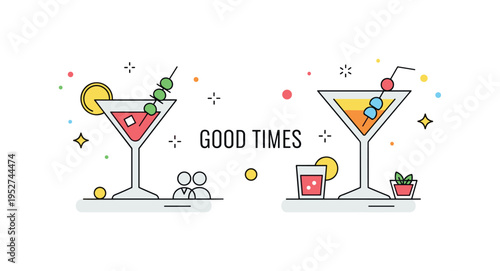 Party drinks concept featuring colorful cocktails with simple garnish elements arranged symmetrically. Subtle confetti dots and a compact ?Good Times? caption