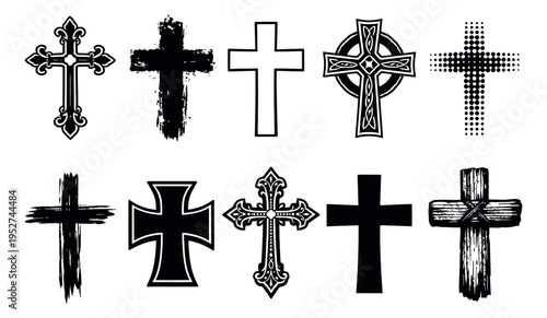 Graphic cross set featuring various religious and decorative designs for spiritual and design projects
