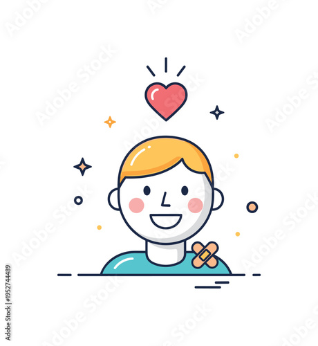 Medical relief smiling patient with a small bandage and a heart icon glowing gently above. The clean composition conveys recovery, reassurance and restored