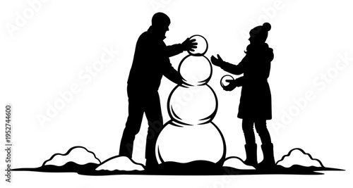 Couple Building Snowman Silhouette Outdoors Winter Activity