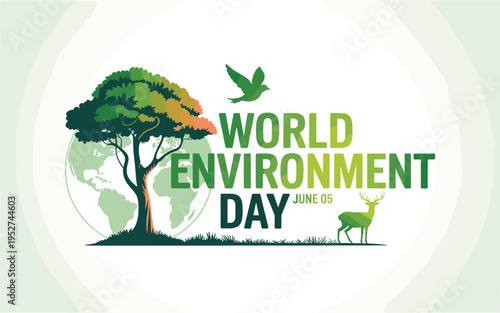 A vibrant vector graphic illustration celebrating World Environment Day with a tree, deer, and globe