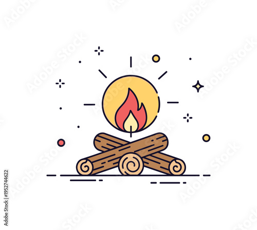 Sacred fire lighting ceremony concept featuring a small flame emerging from stylized wood pieces with a bright halo effect. The scene reflects the beginning of