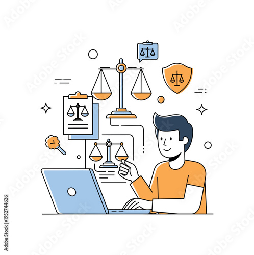 Person receiving AI-generated legal advice on a laptop, with digital scales of justice and law icons floating above, conveying trust, technology, and clarity.