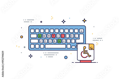 Adaptive keyboard and input devices scene illustrated by a simplified keyboard with highlighted keys and a small assistive device icon beside it, expressing