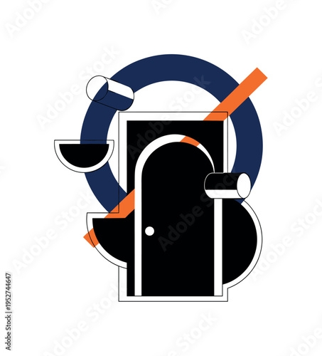 Black and white abstract door shape simplified into rectangle and arc, oversized navy circle framing upper half, thin orange diagonal stripe adding contrast
