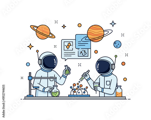 Scientists studying chemical signatures and microbial growth in a space lab with models of exoplanets, highlighting astrobiology, experimentation, and the