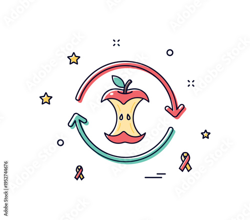 Reducing food waste theme illustrated by a simple apple core inside a circular arrow loop, symbolizing responsible consumption and sustainability. The compact