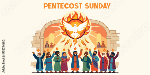 Pentecost Sunday Christian Celebration with Dove Flames and Apostles Worship Scene Vector