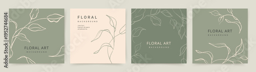 Natural green square backgrounds with sketches of branches and leaves. Vector floral hand drawn line art illustration for card, banner, wedding invitation, social media post, poster, flyer, cover, sav
