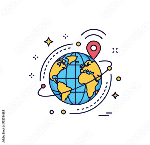Global radio coverage globe icon wrapped by circular signal lines with tiny location pin detail, conveying worldwide reach and international broadcasting