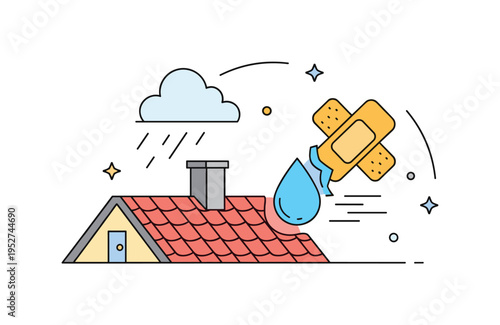 Stopping water damage concept with a rooftop scene and a visible droplet being sealed by a patch. Clean geometric shapes and gentle motion curves express