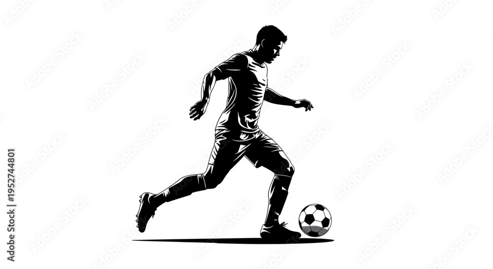 Naklejka premium dynamic silhouette of a male soccer player dribbling a football on a white background ideal for sports graphic design